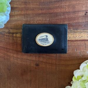 Vintage BARLOW TRAVELER ID  Leather Card Holder BLACK WALLET Steam Train